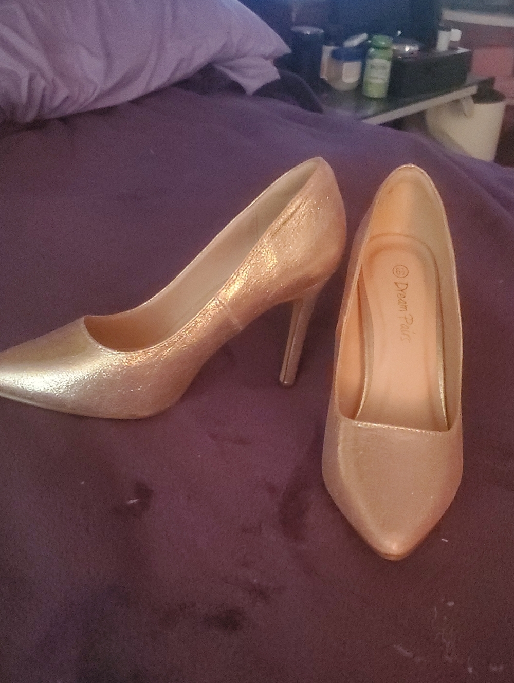 Beige Patent Pointed Toe Stiletto Heels. Gently Used